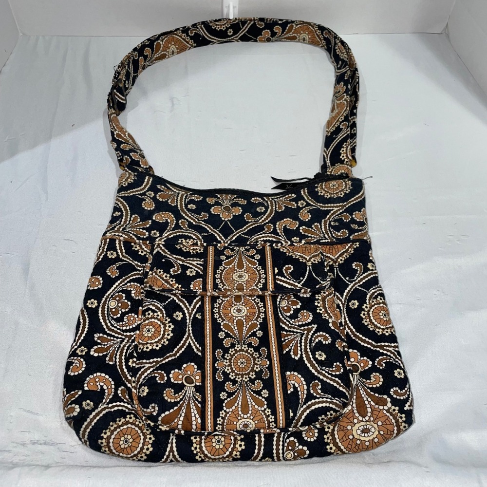 Vera Bradley Mocha Rouge Quilted Cotton Crossbody Bag Paisley Floral Black Brown